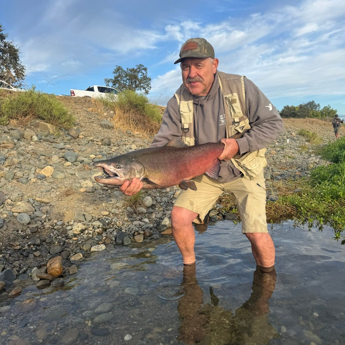 The tournament director's father standing in the shallows holding a large colored-up Feather River king salmon